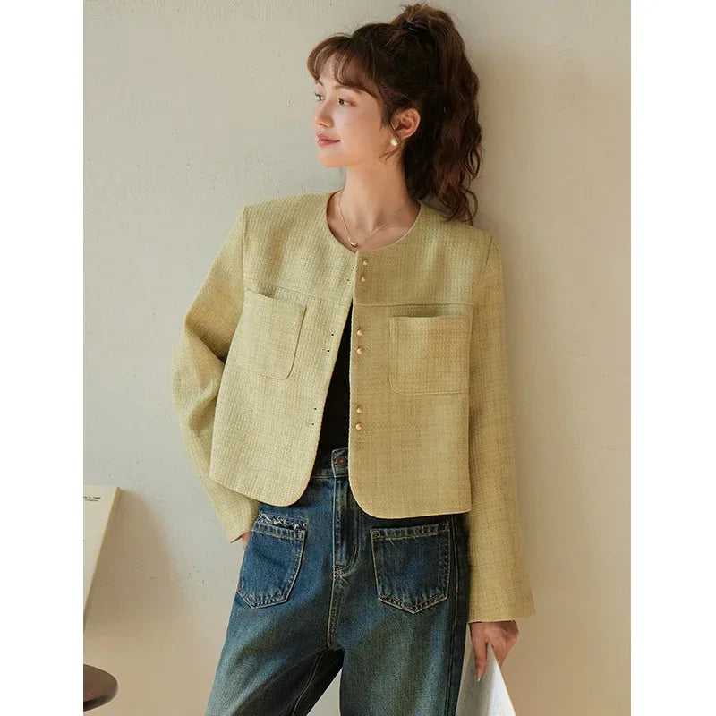 MISHOW Retro Round Neck Coats for Women Spring Autumn Pockets Loose Gold Button Single Breasted Solid Short Jackets MXC44W0072