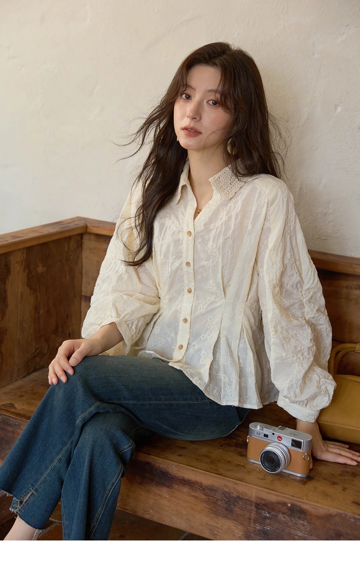 MISHOW Women's Lantern Sleeve Blouse 2025 Autumn French Lace Hollow Out Lapel Collar Shirts Waist Hem Ruffle Tops MXE42C2372