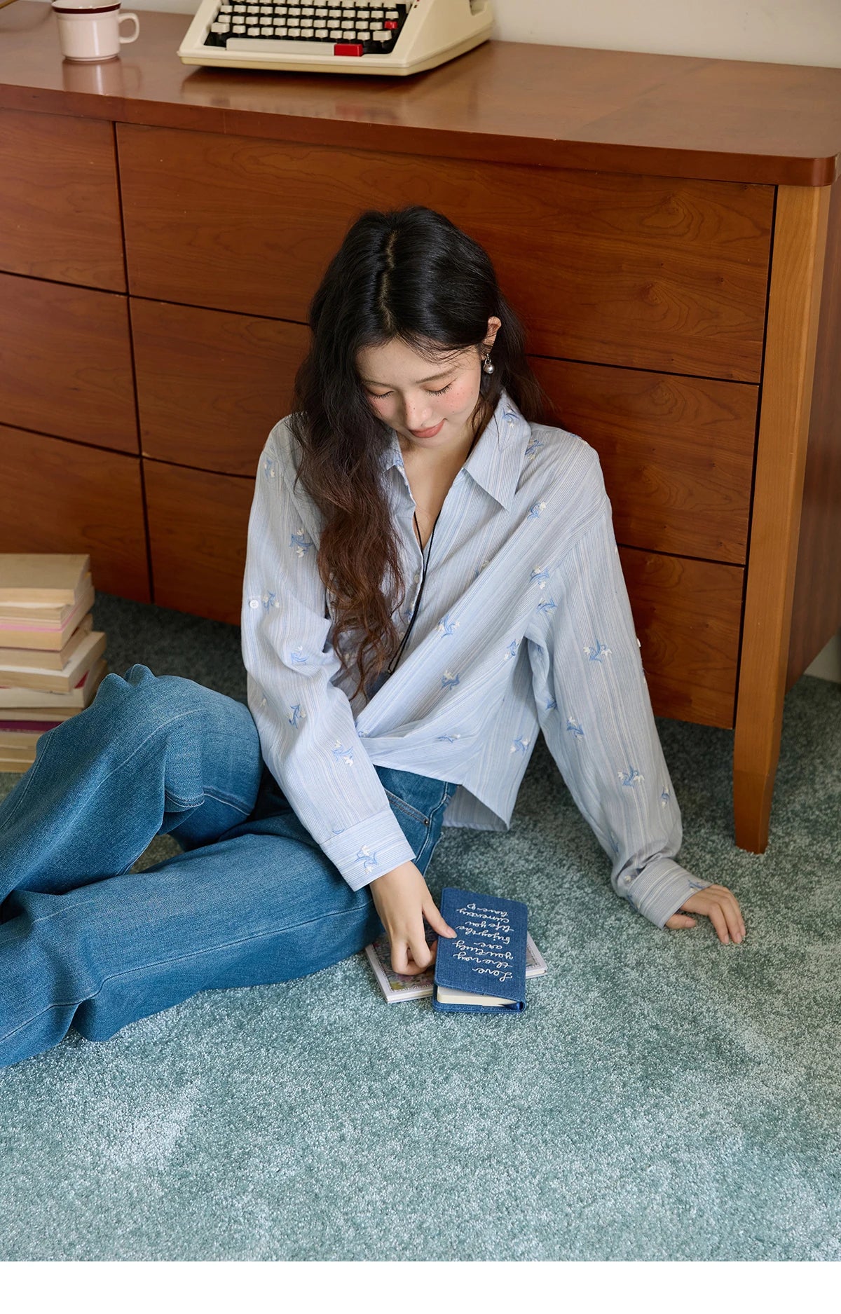 MISHOW Long Sleeve Shirts for Woman 2025 Autumn Retro Blue Single-breasted Blouse Floral Embroidery Casual Tops MXE45X2495