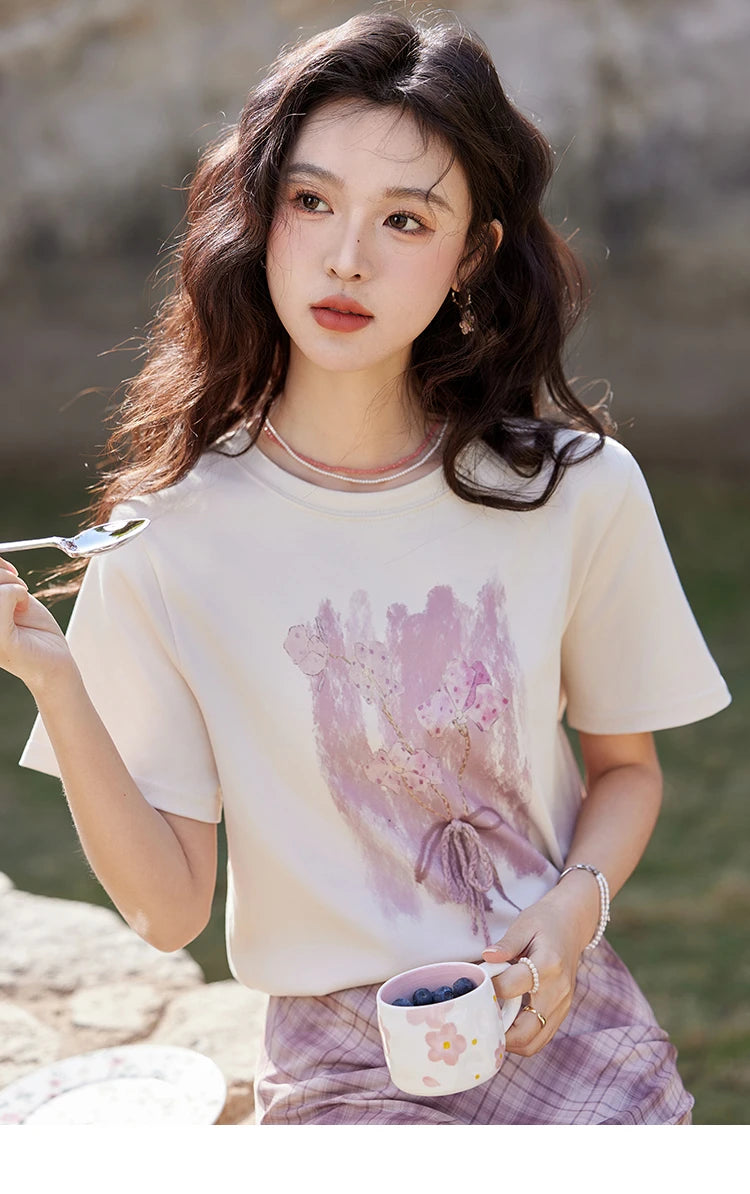 MISHOW Iris Cool Cotton T-shirt for Women Spring 2025 Spray Printing Slim Tees Round Neck Breathable Versatile Top MXE13T0453