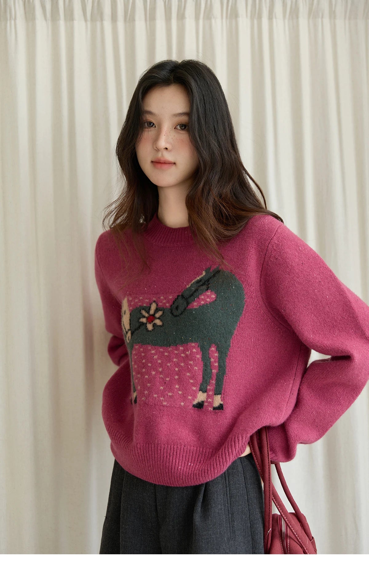 MISHOW Red Sweater Women 2025 Autumn Winter French Round Neck Pony Jacquard Loose Pullovers Long-sleeved Knitted Top MXE48Z2622