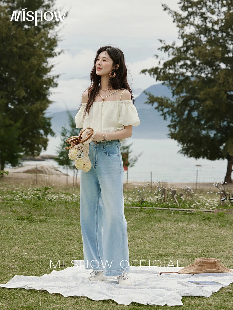 MISHOW French Summer Camisole Shirt Female 2025 New Solid Off-shoulder Short Sleeve Lace Tops Fashion Gentle Blouses MXE33X1755