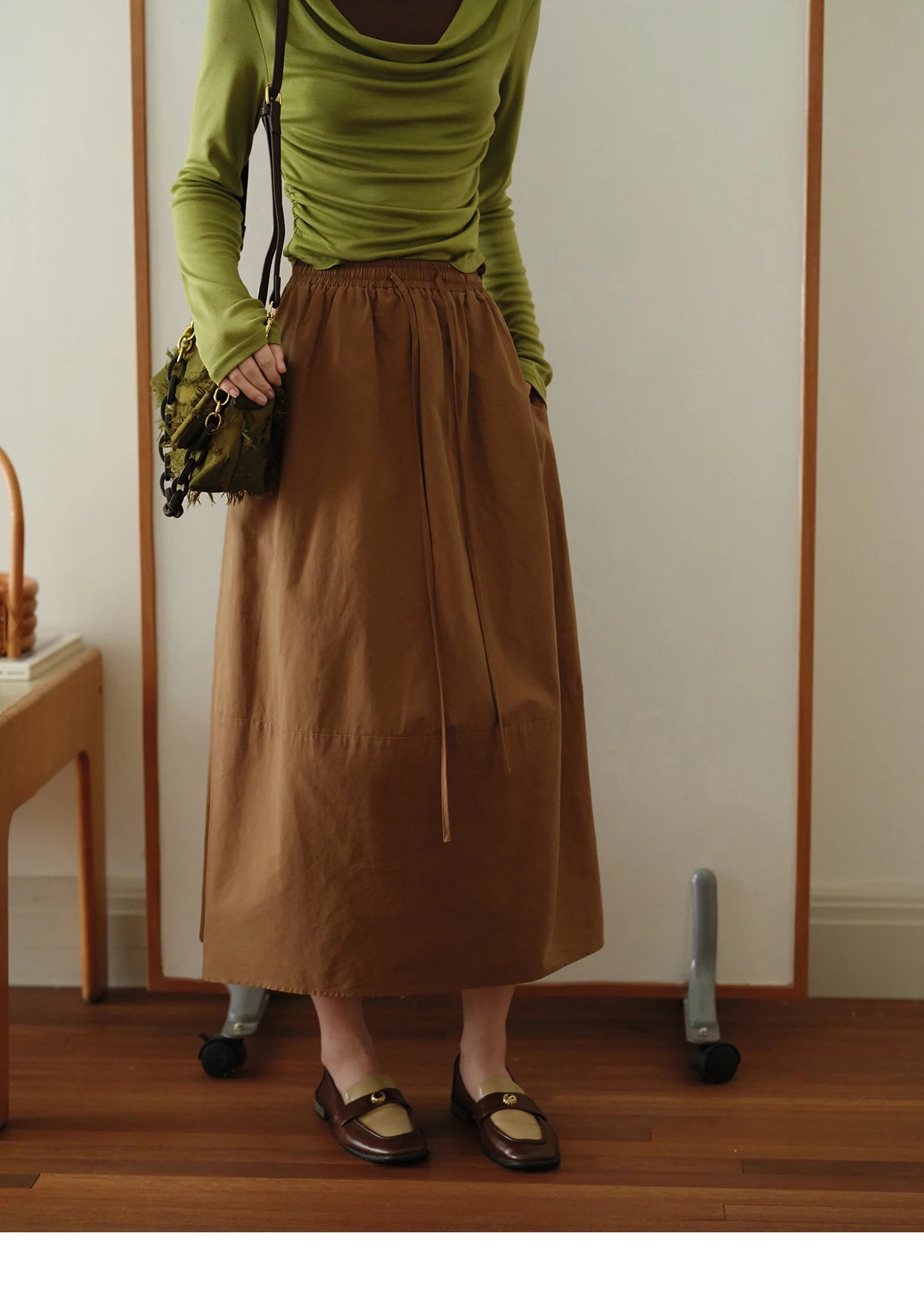 MISHOW Autumn Brown Cotton Bud Skirt 2025 Autumn Elastic Drawstring High Waist Slim A-line Casual Skirt with Pocket MXE41B2367