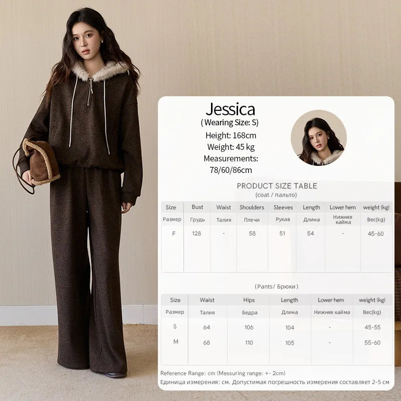 MISHOW Women's Brown Two-Piece Set 2025 Winter Faux Fur Hood Sweatshirt Elastic Waist Wide-Leg Pants Warm Casual Sets MXE94T1476
