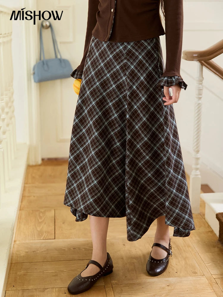 MISHOW Irregular Plaid Skirt 2025 Winter Retro Contrasting Skirt Female High Waist A-LINE Casual Skirts Office Lady MXE47B2436