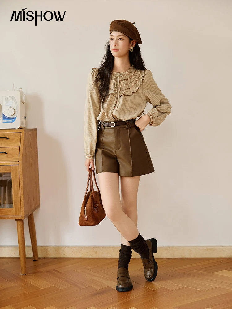 MISHOW Women's PU Leather Shorts Autumn 2025 Slanted Pocket Versatile Short Pants A-line Waist Shorts Excluding Belt MXE48K1086