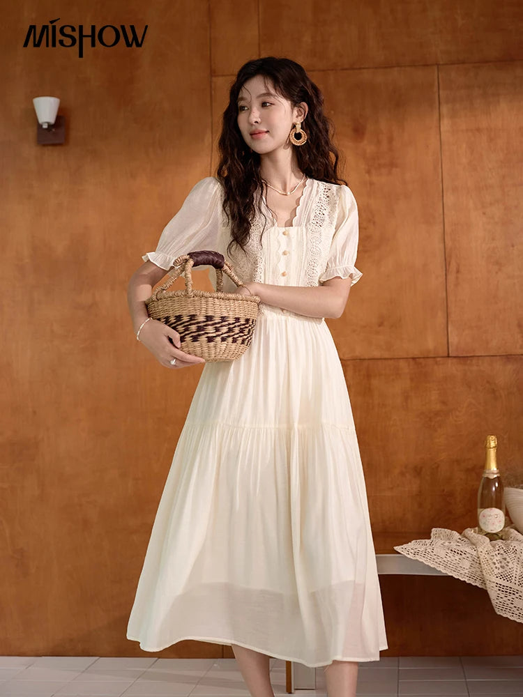 MISHOW Women's French Hollowed Out Embroidery Dress 2024 Summer Elegant Slim Fairycore Dress Waist Mid Length Dresses MXD31L1981