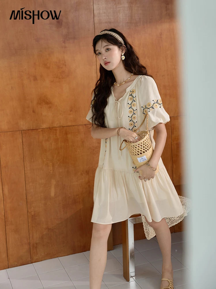 MISHOW Women's Ethnic Dress 2024 Summer Korean Sunflower Embroidery Puff Sleeve Dress V Neck Lace-up Doll Dresses MXD30L1959