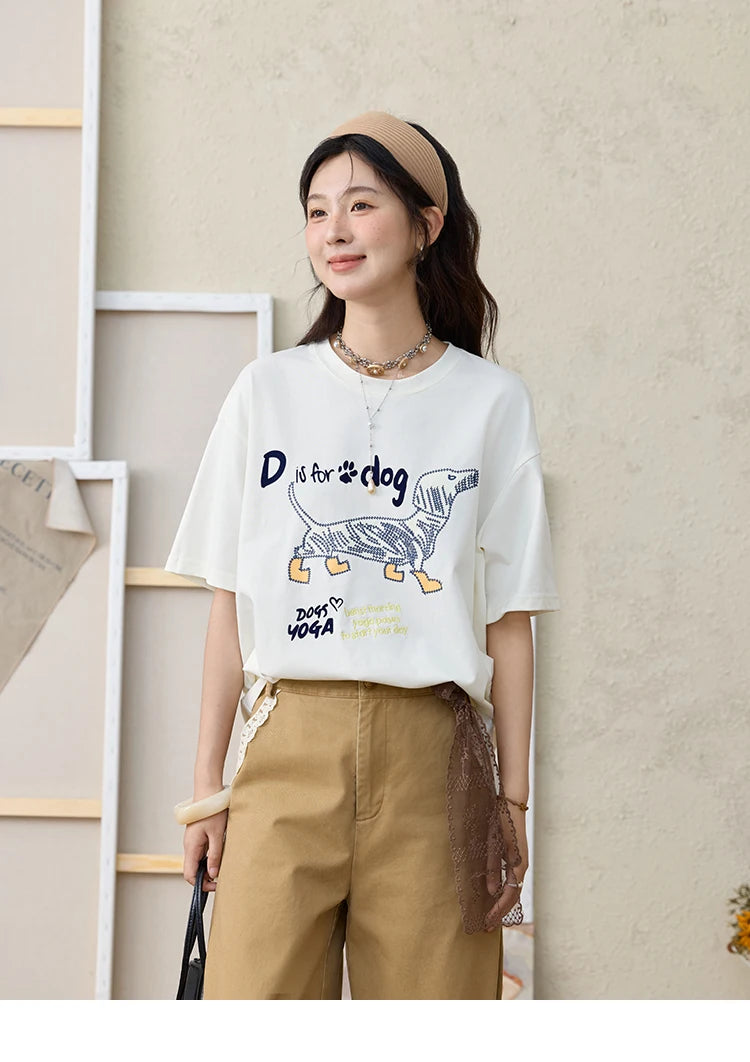 MISHOW Print Summer T-shirts Women 2025 Short Sleeve Round Neck Flocked Puppy Loose Shirt Female Casual Versatile Top MXE33T0542
