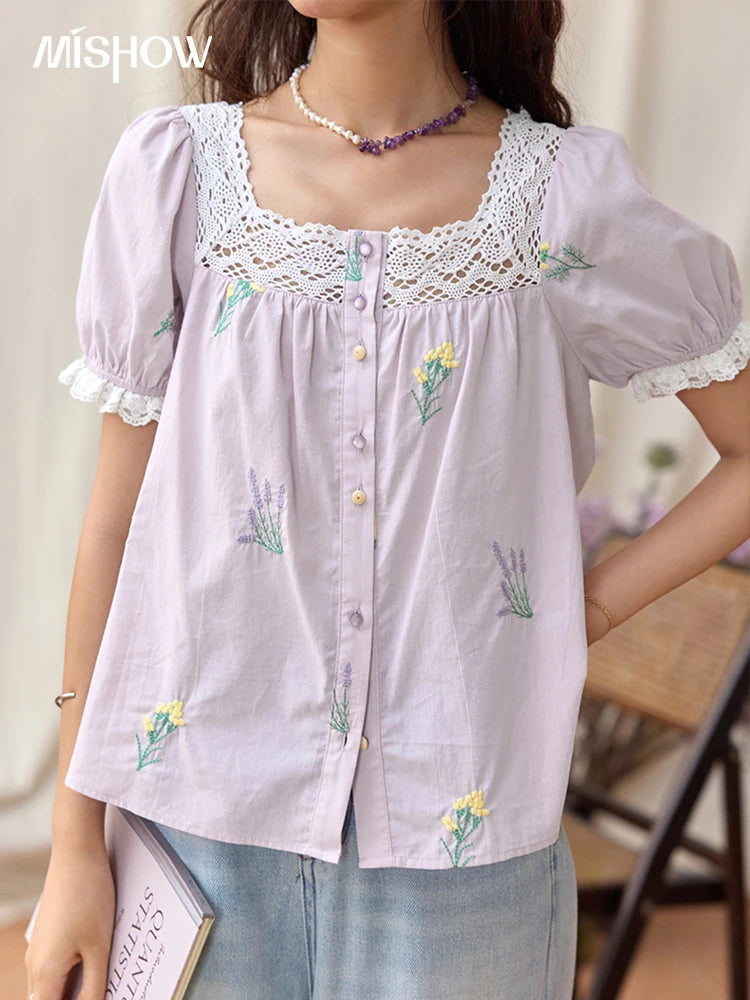 MISHOW Women's Lace Patchwork Embroidered Blouses 2025 Summer Korean Elegant Square Collar Blouse Short Sleeved Tops MXE36X1830