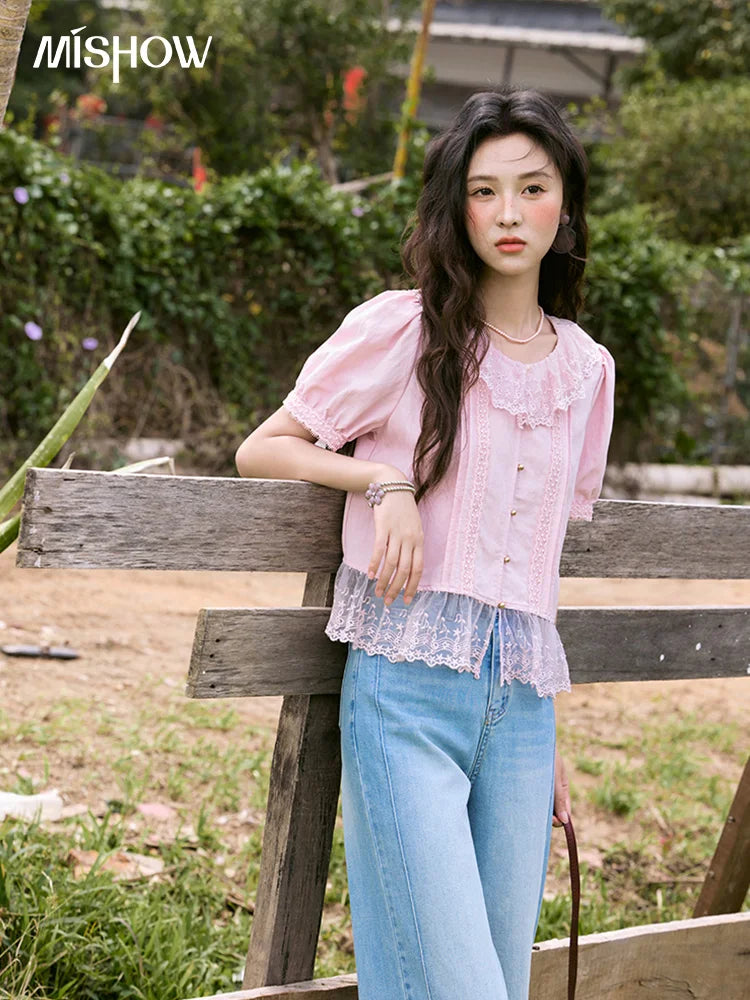 MISHOW Women's Pink Spliced Lace Round Neck Blouses 2025 Summer Lace Hem Sweet Blouse Single Row Metal Buttons Top MXE32X1768