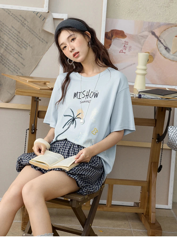 MISHOW Casual Print T-shirts Women 2025 Summer New Short Sleeve Round Neck Coconut Tree Pattern Shirt Woman Holiday MXE31T0516