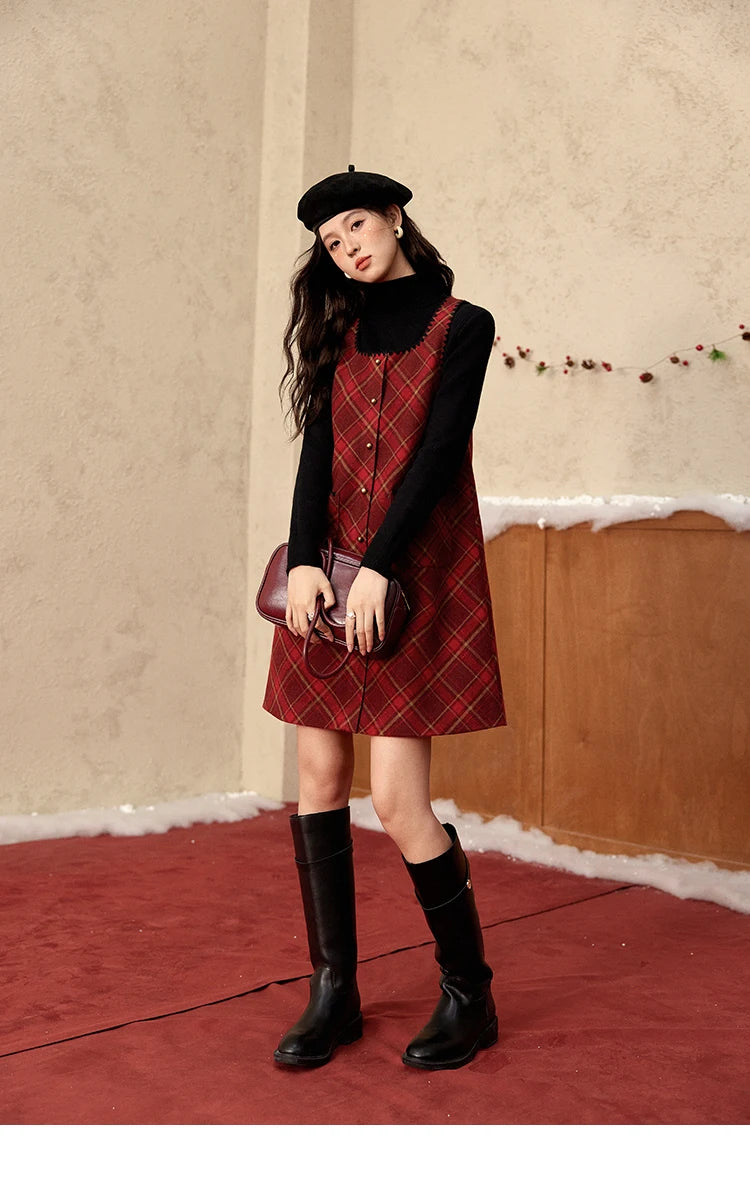 MISHOW Plaid Dress for Women Winter 2024 Contrasting Color Square Neck Plaid Dresses Woolen Sleeveless Vest Dress MXD58L2078