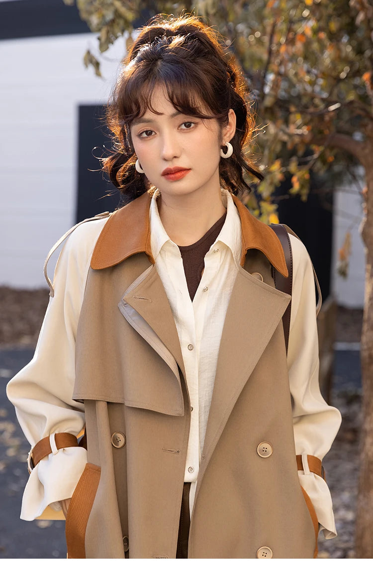 MISHOW Autumn Women's Khaki Trench Contrast Color Woman Clothes Spliced Turn-down Collar All-match Casual Jacket MXB31W0367