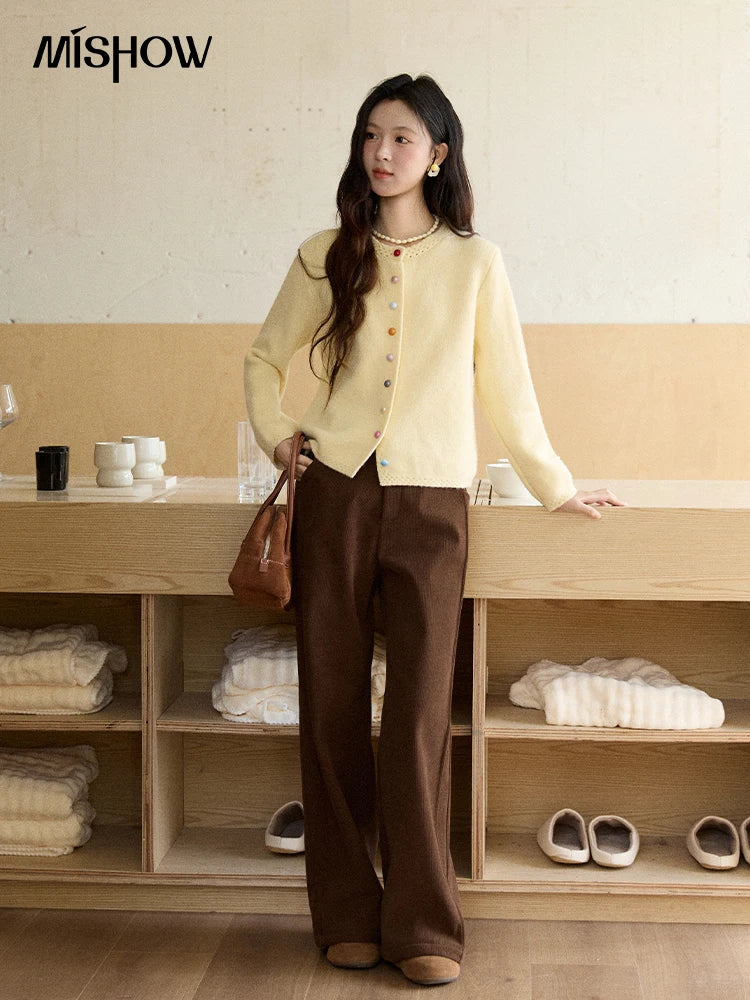 MISHOW Women's Cardigan 2025 Slim Fit Hollow Out Round Neck Rainbow Button Sweater French Style Solid Warm Knitwear MXE90Z2796