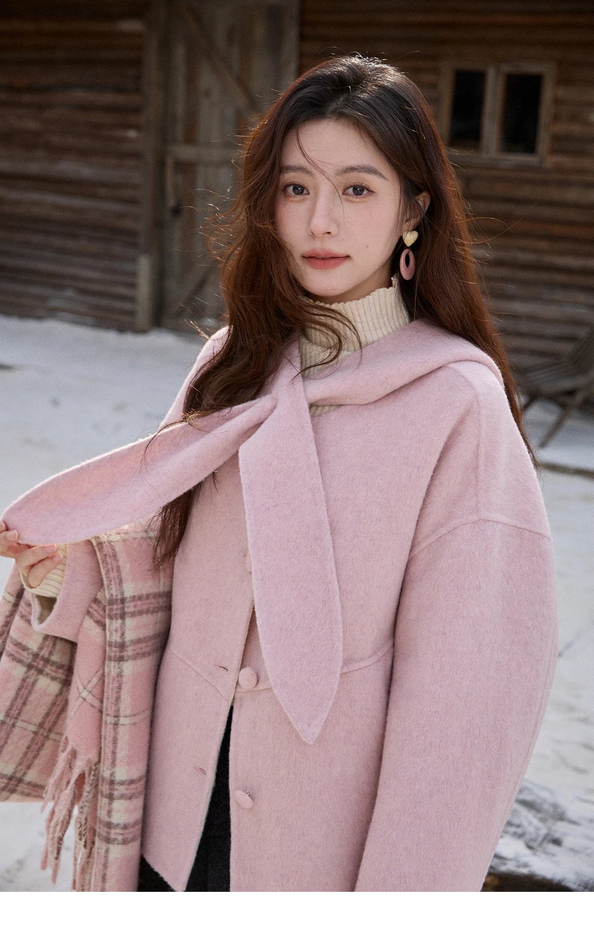 MISHOW Pink Wool Double-sided Woolen Coat Winter Hooded Bow Tie Strap Coats Loose Dropped Sleeves Coat Office Lady MXE91W1010
