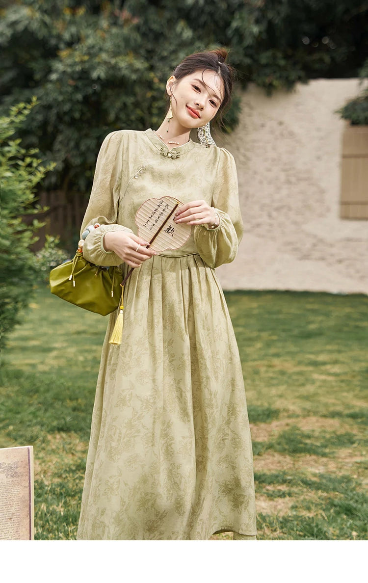 MISHOW Retro Chinese Improved Cheongsam Dress 2024 Spring Chiffon Printing Green Puff Sleeve Stand Neck Waist Dresses MXD14L1767