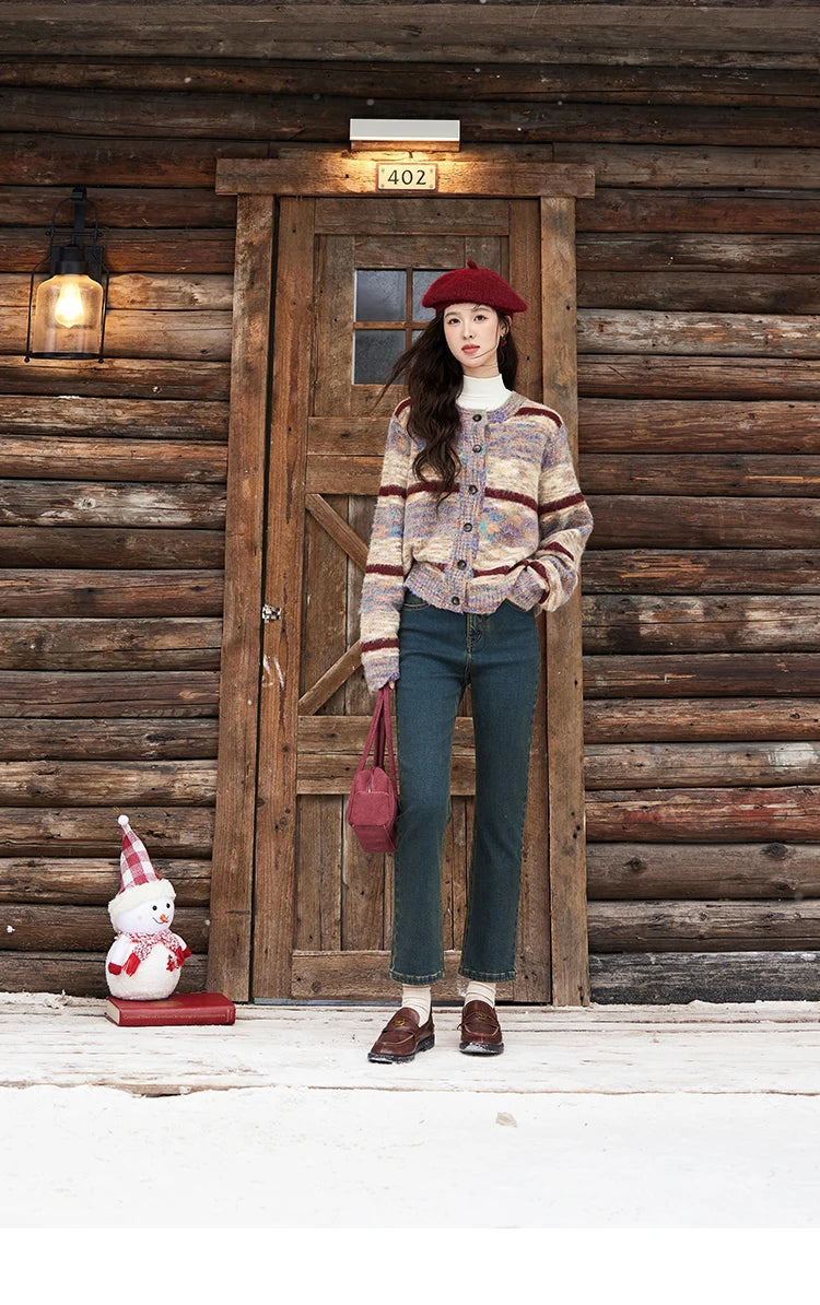 MISHOW Striped Sweaters Short Contrast Color Loose Casual O-Neck Single Breasted Tops Soft Warm Knitted Cardigans MXD59Z1061