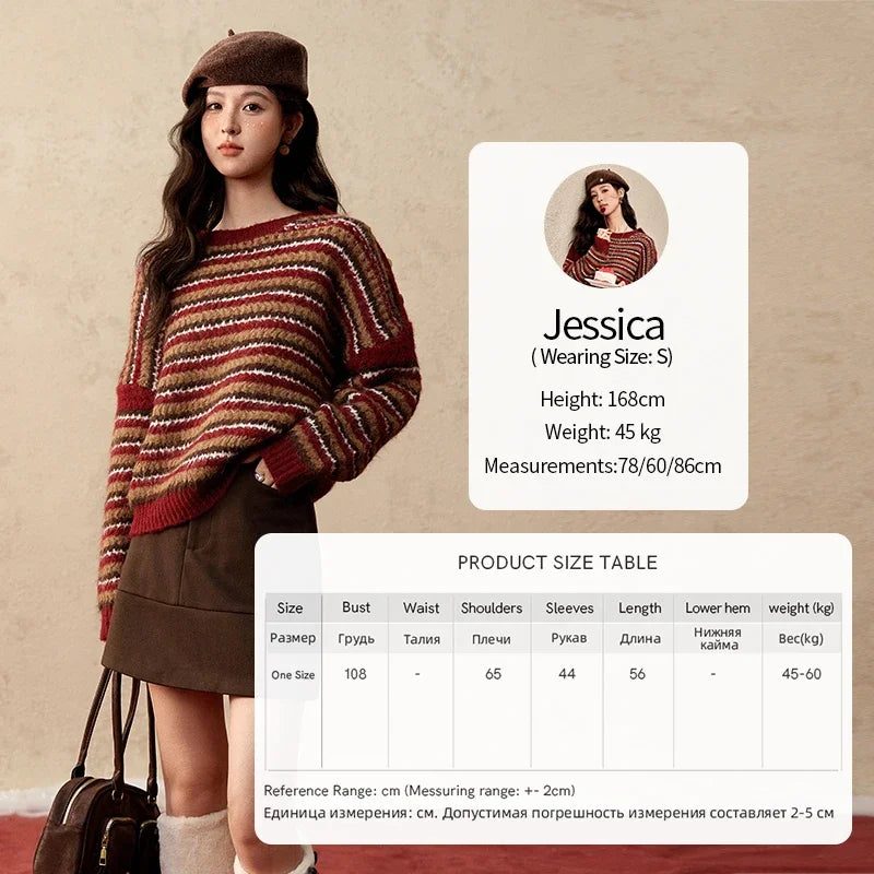 MISHOW Christmas Retro Striped Wool Blend Sweater Women Button Decoration Women Clothing Thick O-Neck Knitted Tops MXD59Z1060