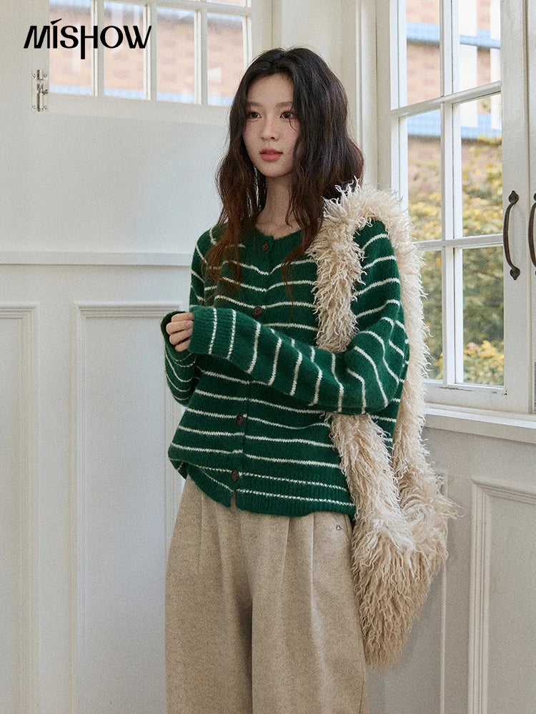MISHOW Green Striped Cardigans for Woman 2025 Winter Knitted Cardigan Wool Blend Loose Retro Crew Neck Knit Sweater MXE86Z2735