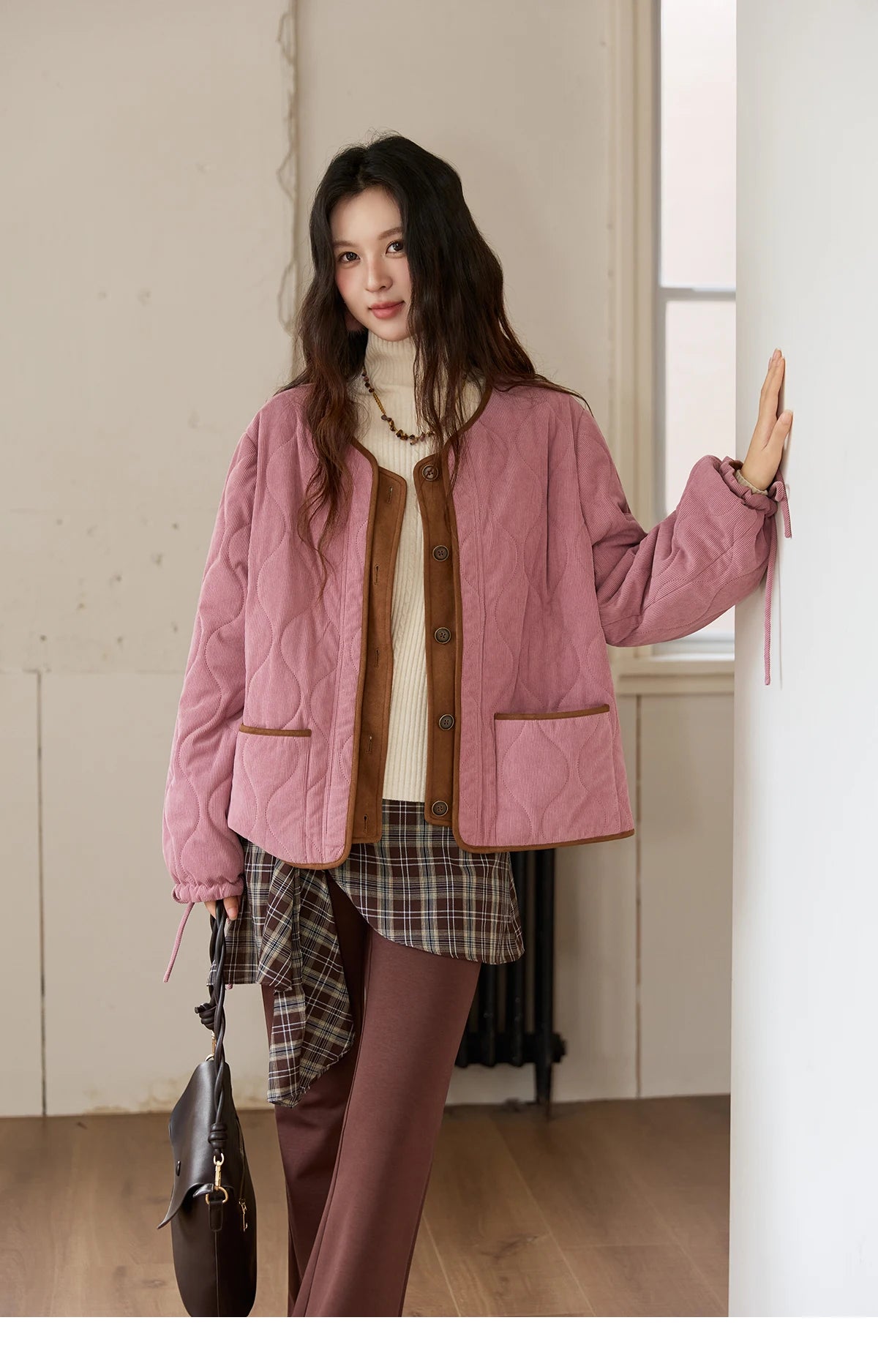 MISHOW Pink Purple Corduroy Jacket Women 2025 Winter Retro Gourd Pattern Pleated Cotton Splicing Suede Jacket Top MXE88W0882