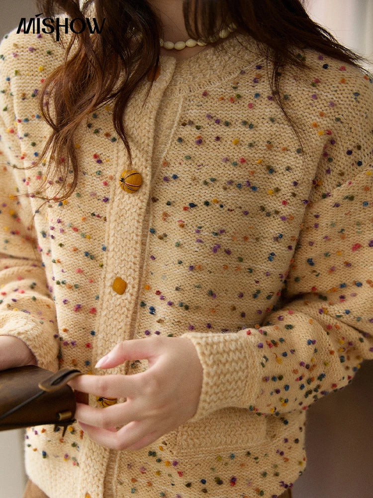 MISHOW Colorful Yellow Sweater Cardigan for Women Winter 2025 Arctic Fleece Retro Round Neck Warm Thick Knit Sweaters MXE91Z2778