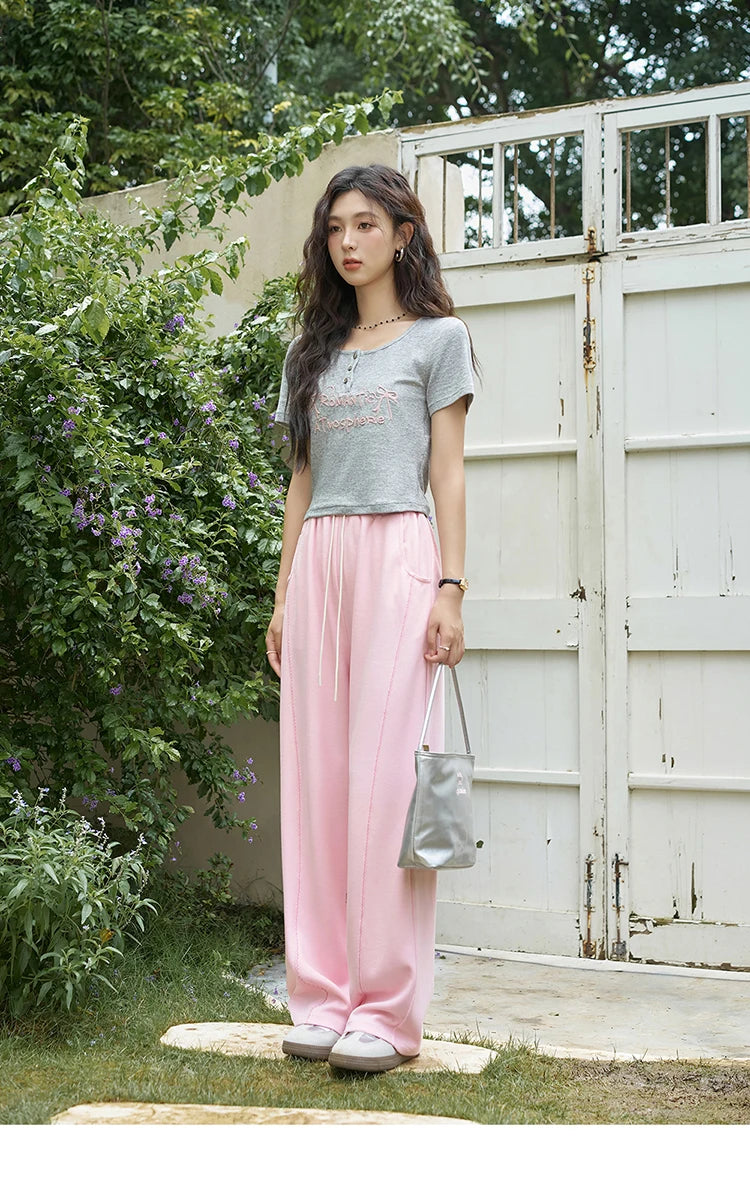 MISHOW Waffle Texture Fabric Loose Versatile Pants Summer Pocket Embroidered Elastic Waist Drawstring Casual Trouser MXD14K0608