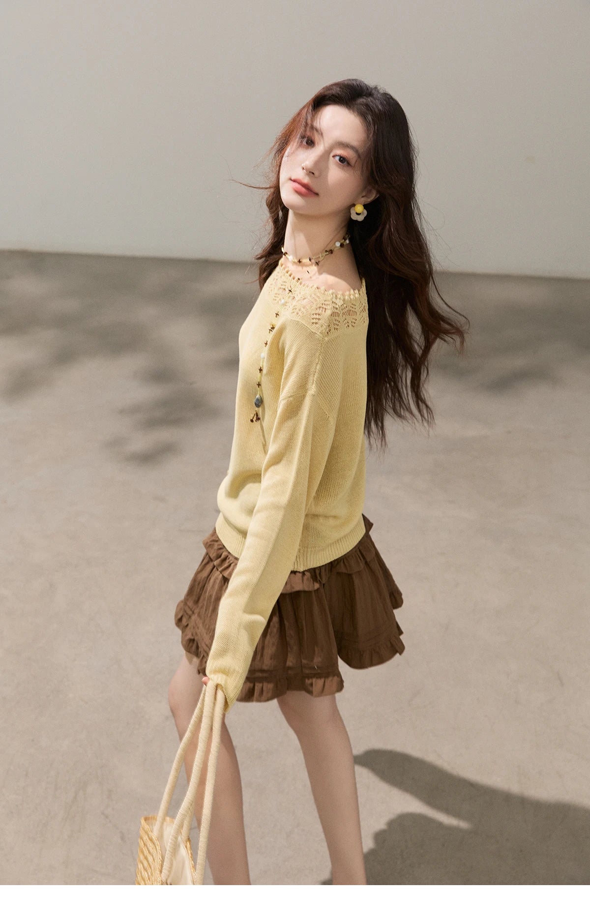 MISHOW Women's Hollowed Out Lace Trim Knit Tops 2026 Spring Boat Neck Long Sleeve Knitwear Casual Soft Yellow Sweater MXF15Z3050