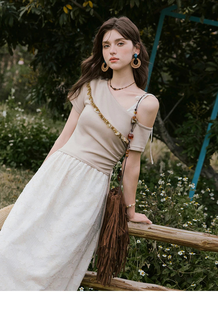 MISHOW Holiday Summer Dresses Women New 2025 Short Sleeve Off-shoulder Knitted Patchwork Midi Dress Female Slimming MXE33L2207