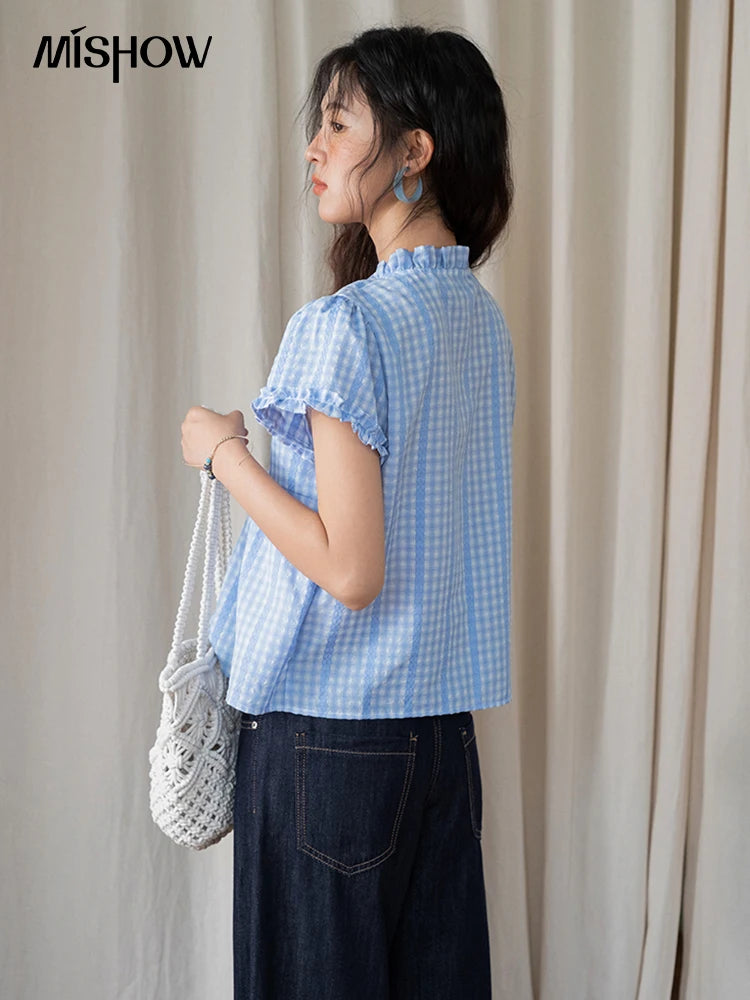 MISHOW Women's Plaid Blue Fake Two Piece Blouse 2025 Summer Fashion Puff Sleeve V-neck Lace Up Top Female Clothing MXE37X1901
