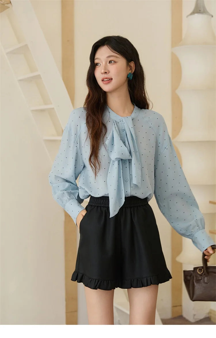 MISHOW Women's Casual Shirt 2025 Autumn French Vintage Blue Polka Dot Shirt Bow Collar Long-sleeve Top Women's Clothe MXE45X2475