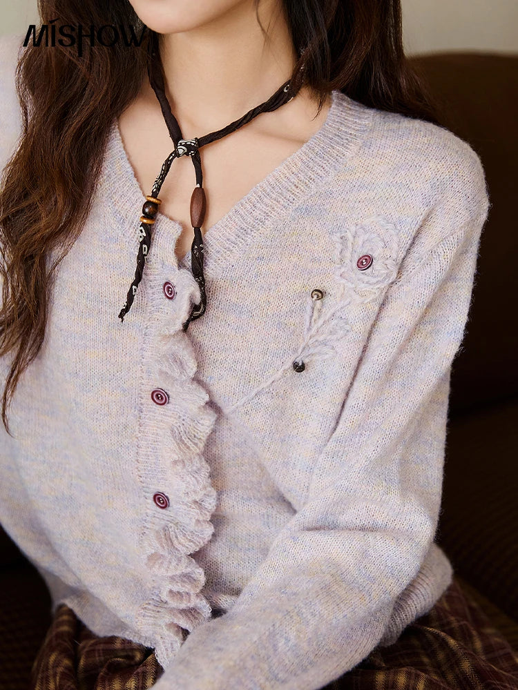 MISHOW Knitted Cardigan Women 2025 Autumn French Style Flower Embroidered V-neck Cardigan Luxury Long-sleeved Top MXE47Z2498