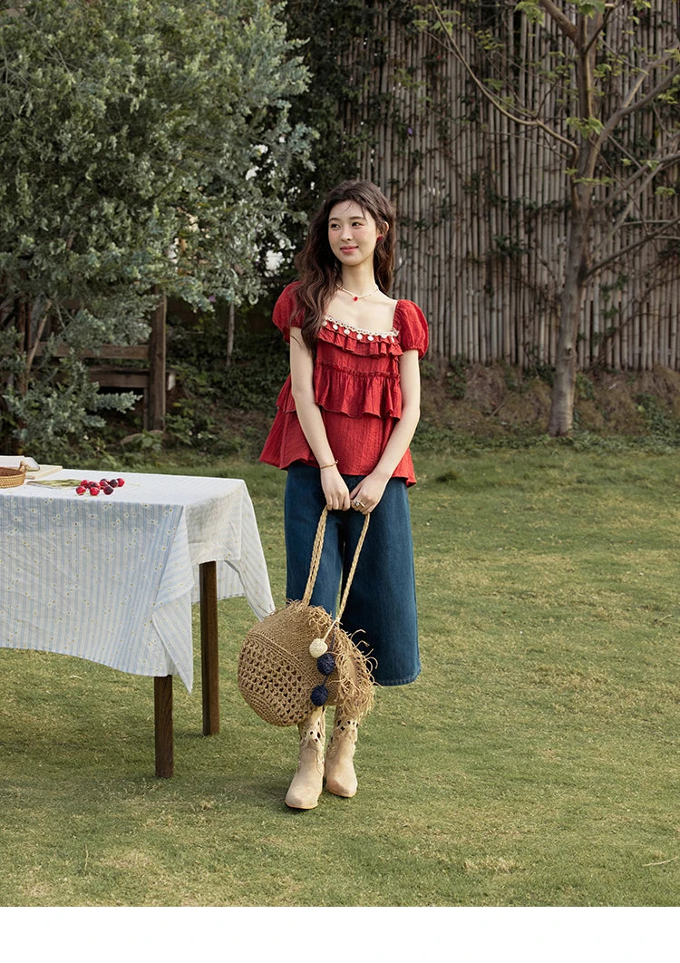 MISHOW French Summer Blouse Women New 2025 Short Sleeve Square Collar Cake Ribbon Shirts Female Fashion Slimming Tops MXE33X1763