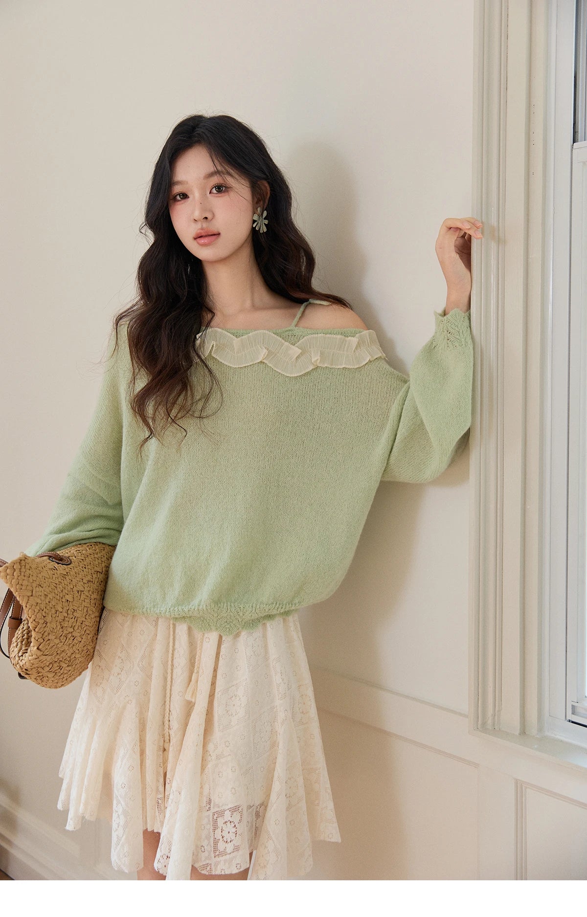 MISHOW Women's Light Green Knit Sweater 2026 Spring Asymmetrical Side Exposed Shoulder Tops Ruffled Casual Loose Top MXF108Z1027