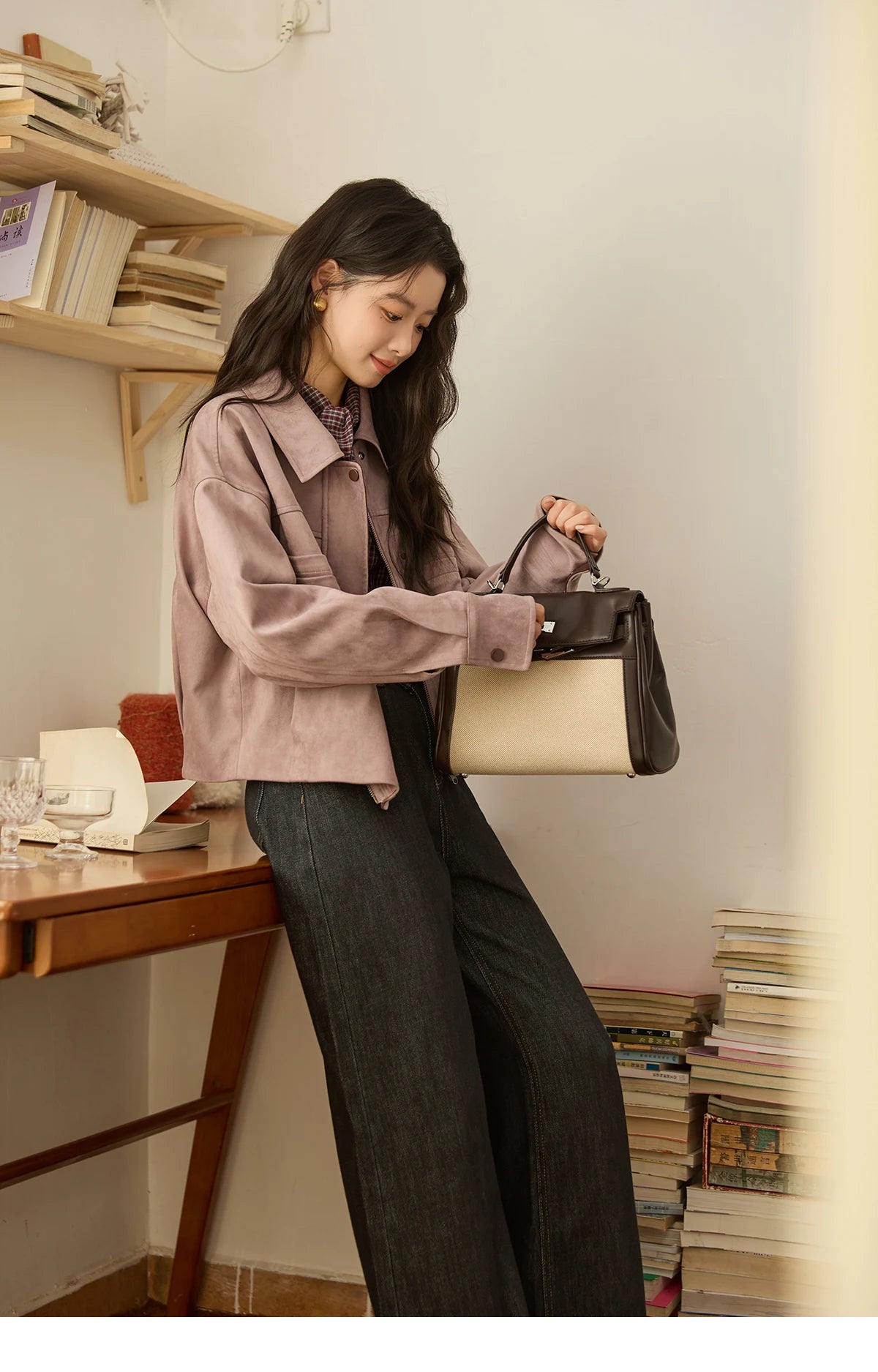 MISMHOW Taro Purple Leather Jacket Autumn 2025 Contrasting Splic Short Jackets Symmetrical Double-layer Pocket Coat MXE44W0816