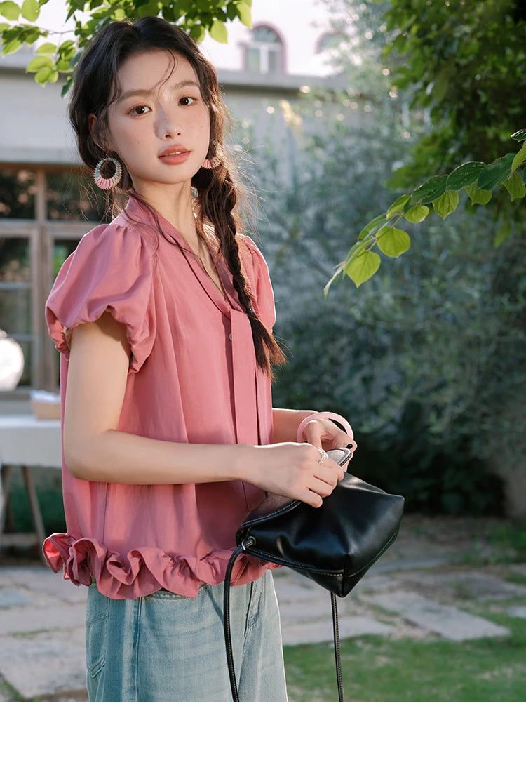 MISHOW Women's Summer V-neck Blouse 2025 New Fashion Puff Sleeve Lace Up Button Sweet Top Casual Female Clothing MXE38X1914