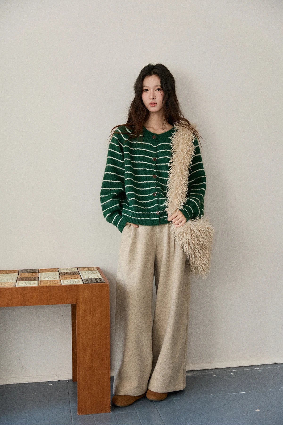 MISHOW Green Striped Cardigans for Woman 2025 Winter Knitted Cardigan Wool Blend Loose Retro Crew Neck Knit Sweater MXE86Z2735