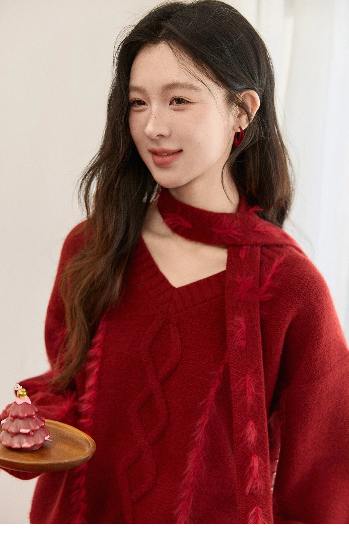 MISHOW Christmas Knitted Sweater Women 2025 Winter Burgundy V-neck Loose Tops Mink Fur Tassel with Scarf Tie Sweaters MXE93Z2809
