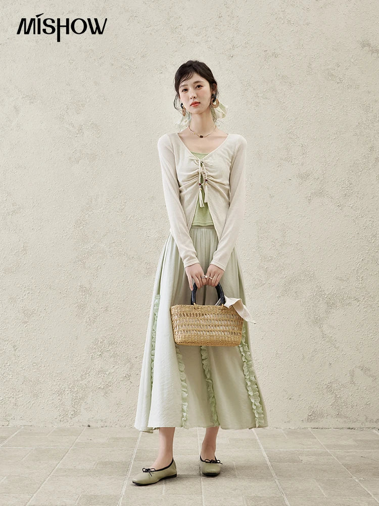 MISHOW Women's Fake Two Patchwork Knitted Spring 2025 Contrast Drawstring Strap Lace-up Tops Retro V-neck Thin Top MXE15Z1185