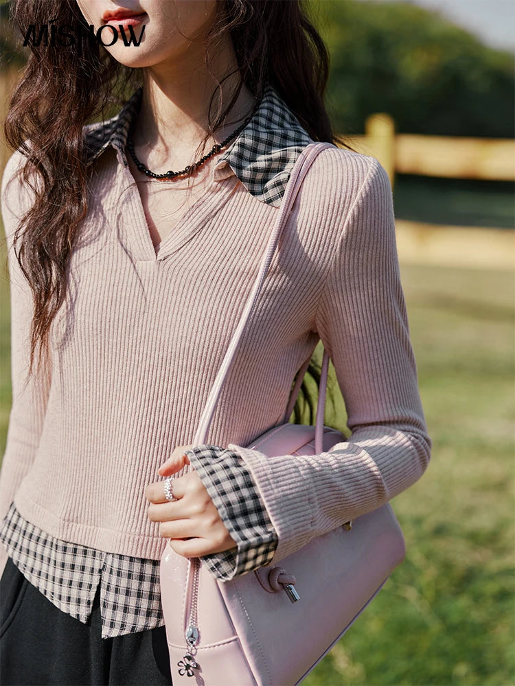 MISHOW Plaid Splicing Fake Two-piece Tops for Women Spring 2025 Contrasting Colors Slim Thin Top V-neck Casual Tees MXE13Z1108