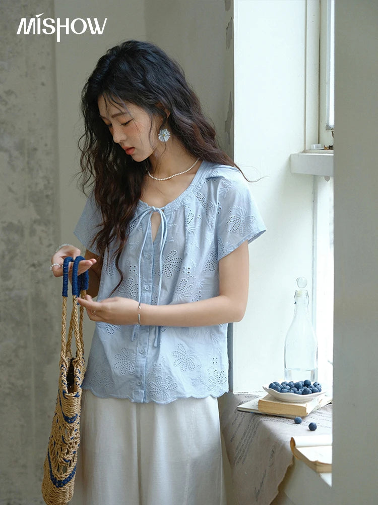 MISHOW Cotton Shirt O-Neck Button Lace Up Hollow Embroidery MXE37X1890