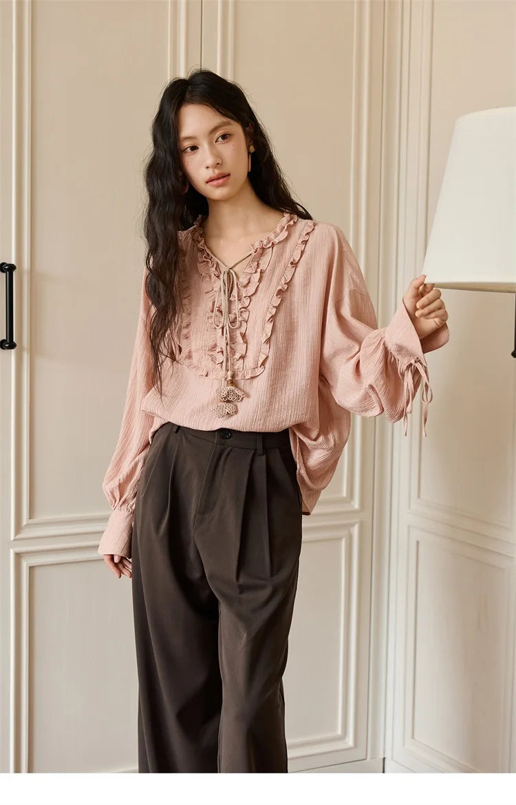 MISHOW Women's Pink Blouse 2025 Autumn Elegant Fold Edge V-collar Bubble Sleeve Top Loose Casual Commute Blouses MXE45X2485