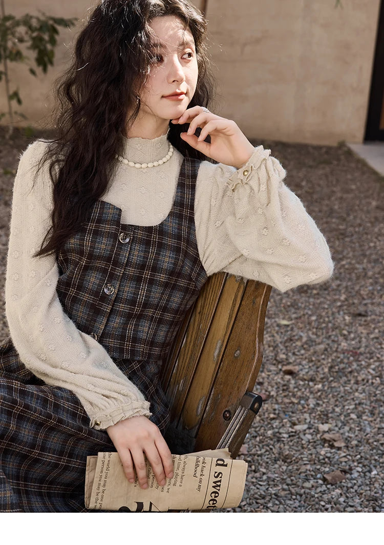 MISHOW Blue Plaid Vest Retro Skirt Separately Women 2024 Winter Retro Plaid Irregular Square Collar Top Midi Skirt MXD44W0454