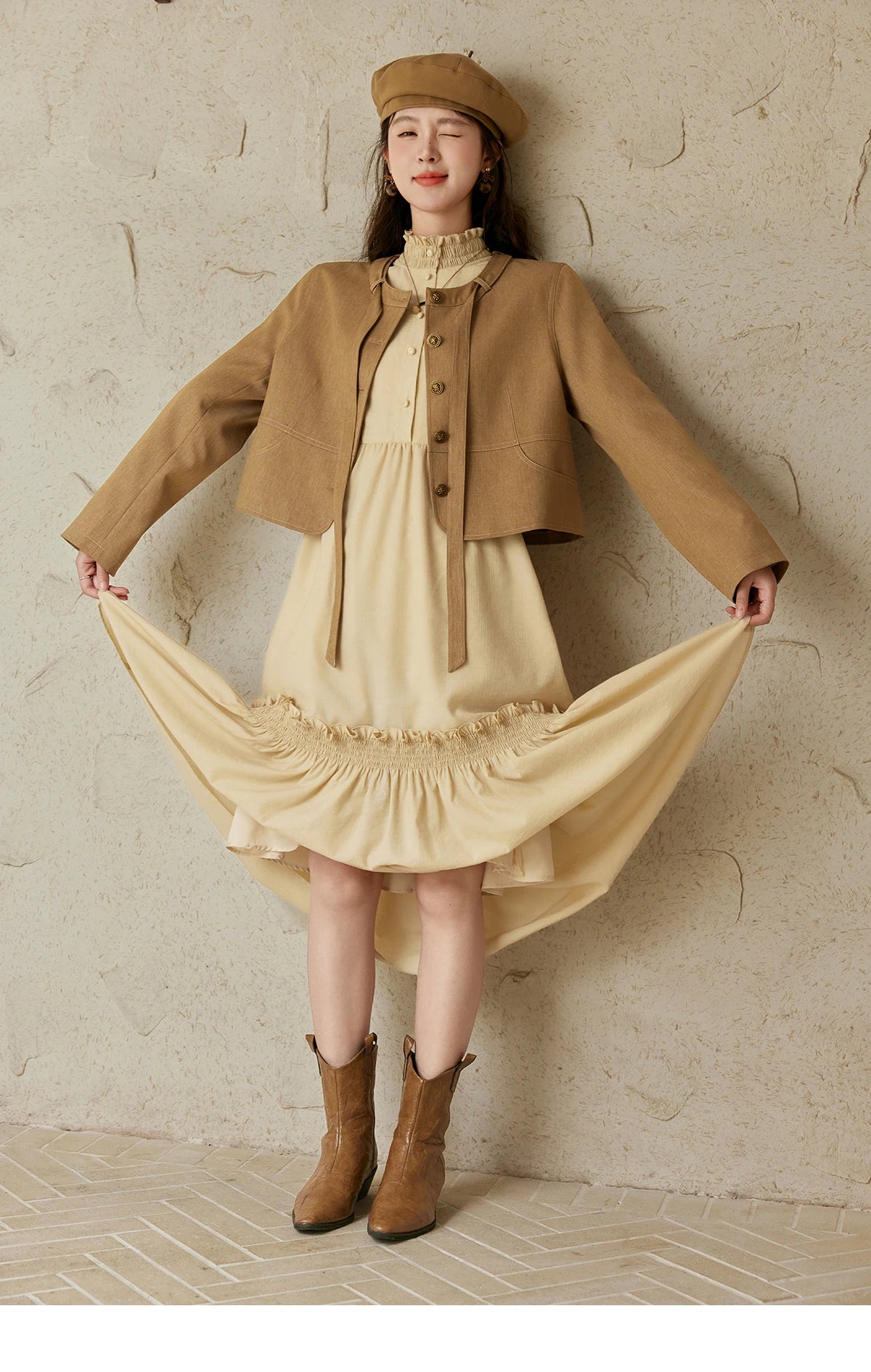 MISHOW French Stand Neck Elasticity Dress 2024 Autumn Waist Elegant A-line Dresses Elastic Lotus Leaf Sleeves Dress MPD42L2036