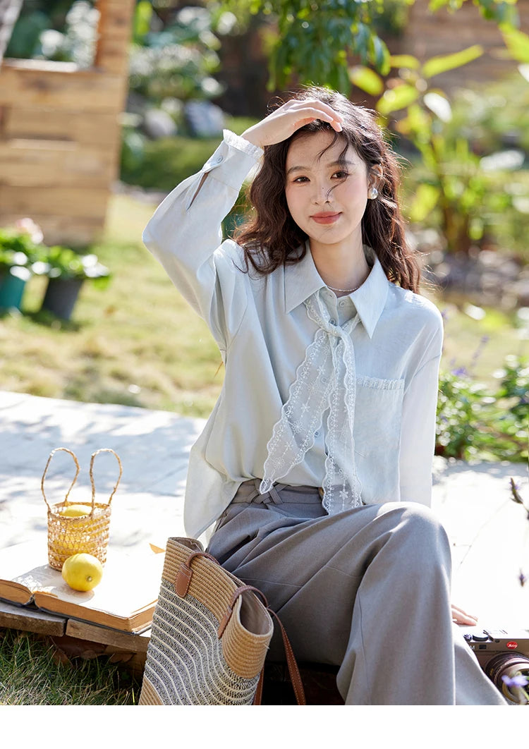 MISHOW French Spring Blouses Women 2025 New Long Sleeve Turn-down Collar Loose Shirts Female Fashion Lace Casual Tops MXE16C0760