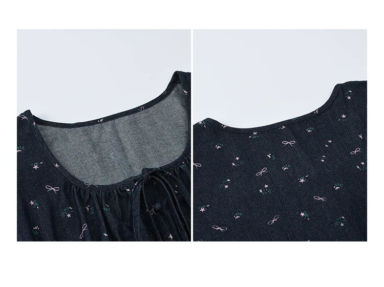 MISHOW Fashion Puff Sleeve Square Neck Blouse for Women 2025 Summer Lace Up Button Print Denim Top Women's Clothing MXE39X1933