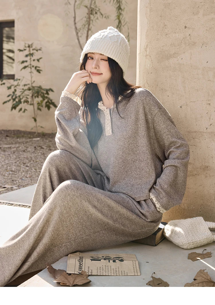 MISHOW Women's Sweatshirt Wide Leg Pants Separately 2025 Fall Winter Lace Splicing Hooded Casual Elastic Waist Pants MXD34V0098