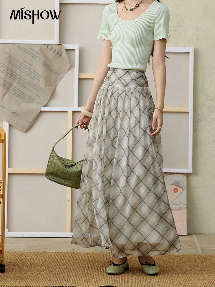 MISHOW Apricot Green Retro Plaid Skirt for Women Summer 2025 Pleated Chiffon High Waist Elegant Slim A-line Skirts MXE35B0747