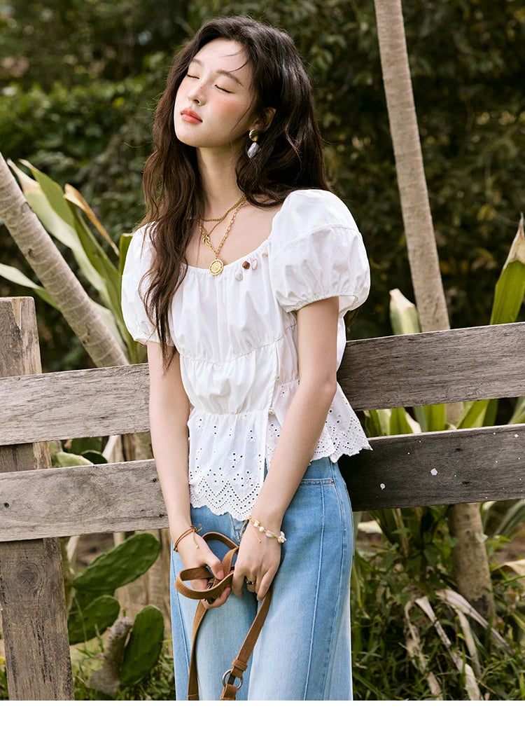 MISHOW French Summer Casual Blouses 2025 Solid Short Puff Sleeve Hem Hollow Cotton Tops Loose Collar Beading Blouse MXE33X1776