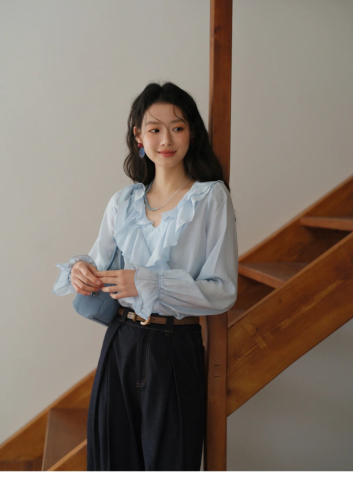 MISHOW Blue Lyocell Ruffled Shirt 2025 Autumn V-neck Flared Sleeves V-neck Shirts Commuting Elegant Versatile Tops MXE41X1969